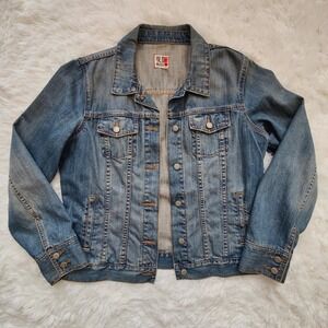 Y2K Old Navy Denim Trucker Jacket Blue Jean Faded 2000s Womens XL Indie Classic